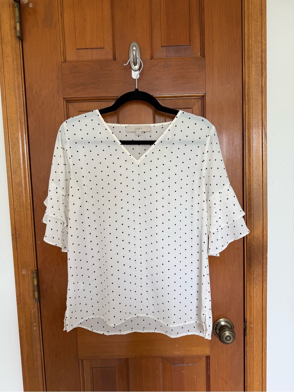 LOFT White V-Neck Polka Dot Ruffle Sleeve Top